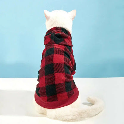 Cute red and black plaid winter pet hoodie sweater from TrendyPet's Zone, stylish and warm pet jacket for cold weather.
