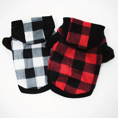Cute red and black plaid winter pet hoodie sweater by TrendyPet's Zone, stylish and warm pet jacket for cold weather.