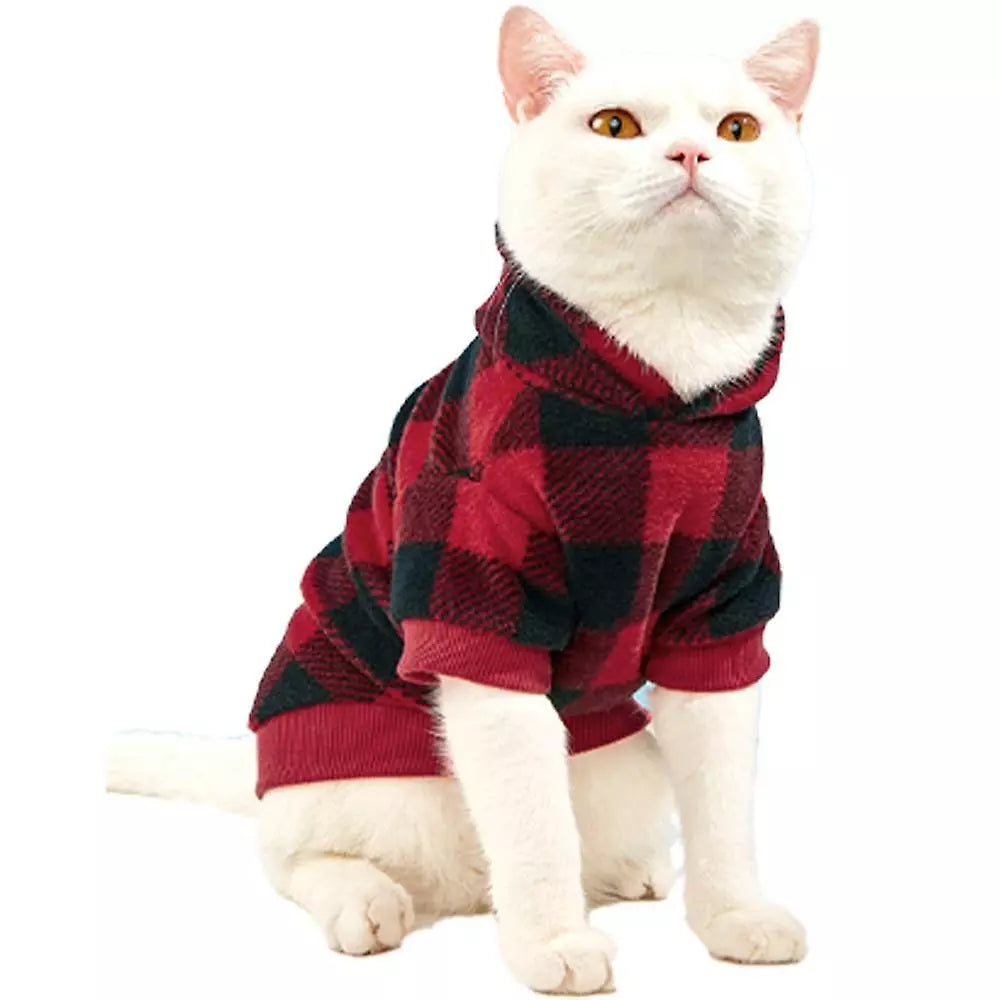 Red and black plaid winter hoodie for pets, stylish and warm pet jacket from TrendyPet's Zone, made of cozy sweater material.