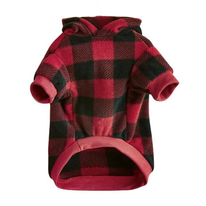 Red and black plaid winter hoodie for pets, stylish and warm pet sweater from TrendyPet's Zone.