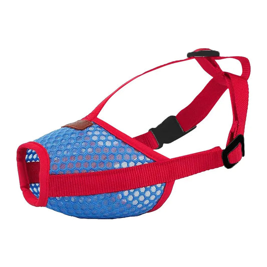 Red and blue adjustable mesh dog muzzle for small to large dogs, designed by TrendyPet's Zone for comfortable control.