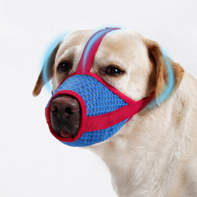 Red and blue adjustable mesh muzzle for small to large dogs, lightweight and breathable, from TrendyPet's Zone.