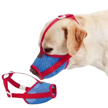 Red and blue adjustable mesh dog muzzle from TrendyPet's Zone, suitable for small to large dogs, with breathable mesh design.