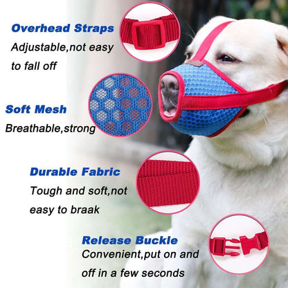 Red and blue adjustable mesh dog muzzle for small to large breeds, designed for comfort and safety by TrendyPet's Zone.
