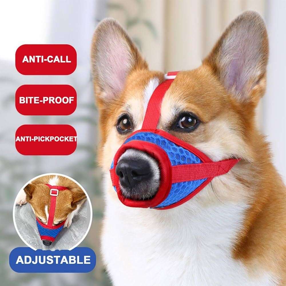 Red and blue adjustable mesh muzzle for small to large dogs, featuring breathable design from TrendyPet's Zone.