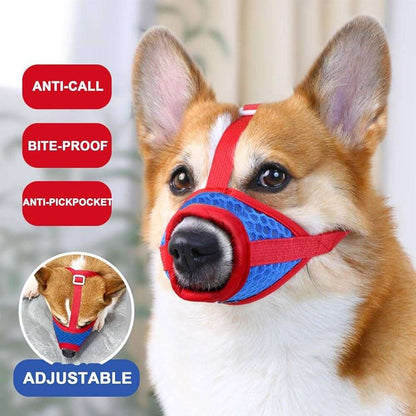 Red and blue adjustable mesh muzzle for small to large dogs, featuring breathable design from TrendyPet's Zone.