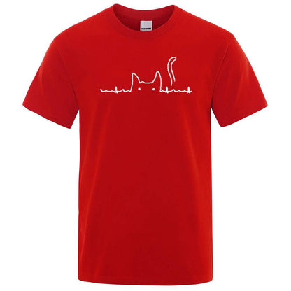 Red Casual Men's T-Shirts Cat Cute Printed Summer Cotton O-Neck Short Sleeve Top Tee T-shirts - TrendyPet's Zone