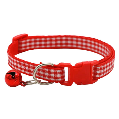 Red checkered striped pet collar with a bell, adjustable nylon collar for cats and small dogs by TrendyPet's Zone.