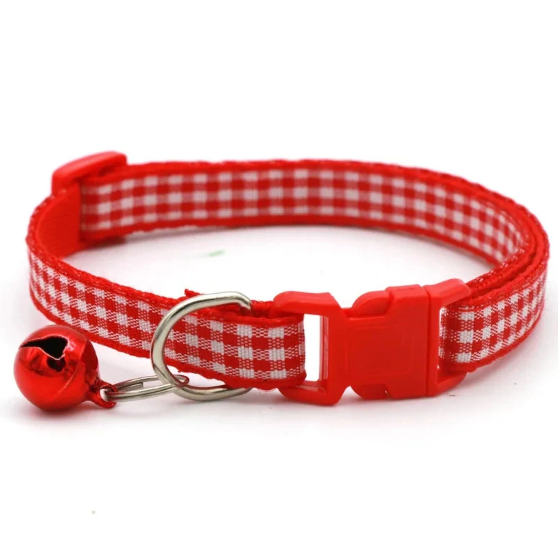 Red checkered striped pet collar with a bell, adjustable nylon design for cats and small dogs, by TrendyPet's Zone.