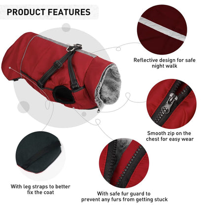 Red cozy dog jacket with built-in harness from TrendyPet's Zone, weatherproof pet coat for outdoor walks.
