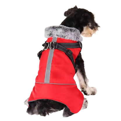 Red cozy dog jacket with harness, weatherproof pet coat from TrendyPet's Zone, suitable for outdoor walks and cold weather.