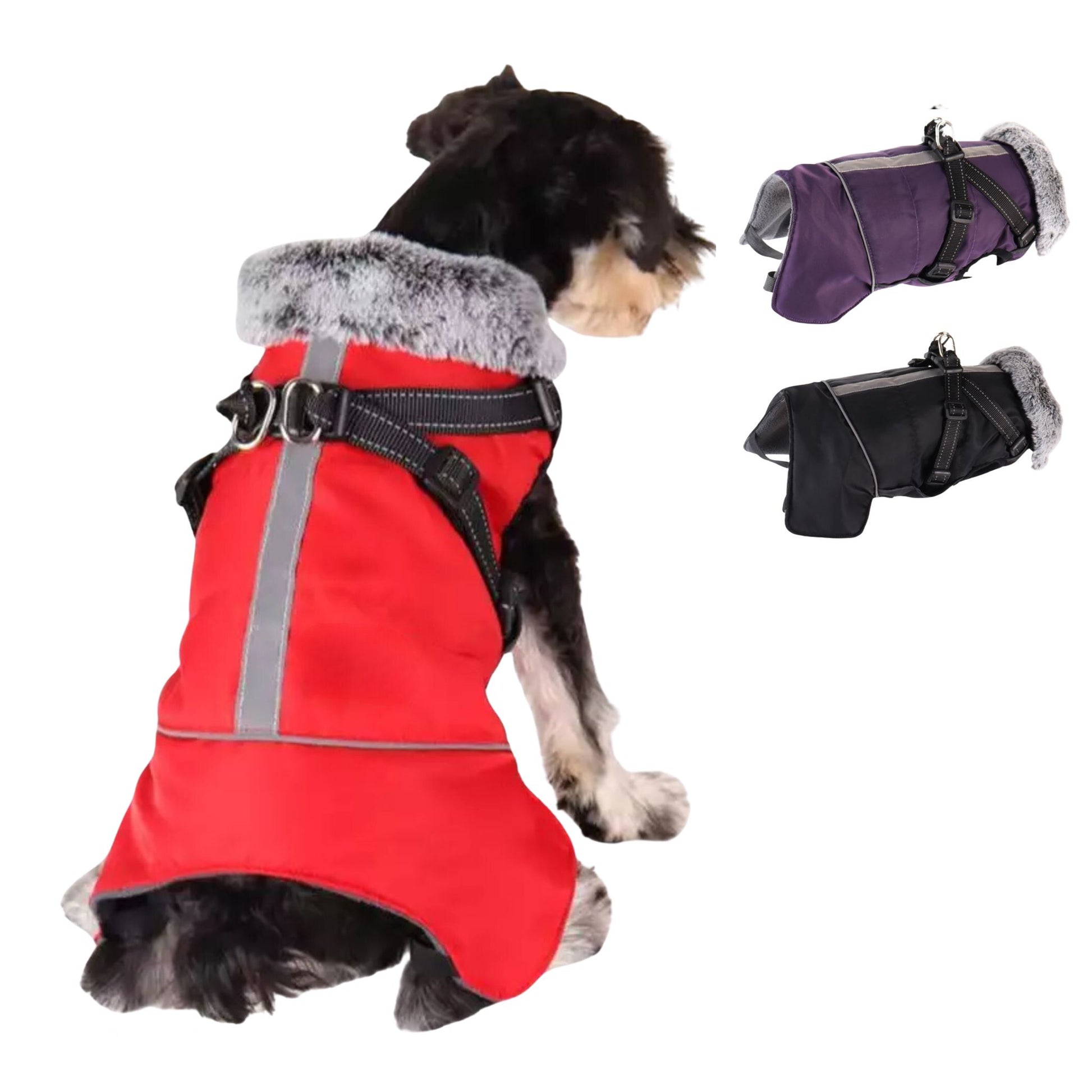 Red cozy dog jacket with harness, weatherproof pet coat from TrendyPet's Zone, designed for outdoor comfort and protection.