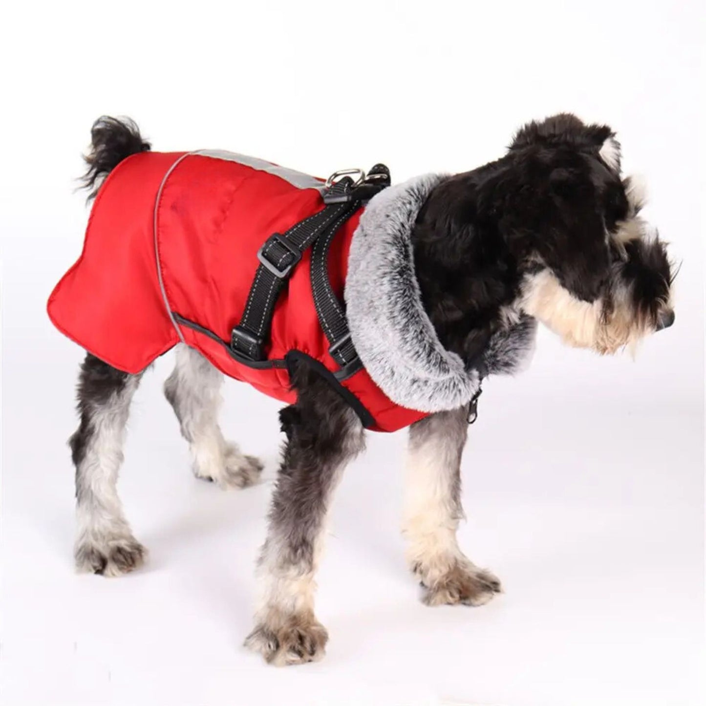 Red cozy dog jacket with harness, weatherproof pet coat from TrendyPet's Zone, designed to keep dogs warm and protected outdoors.