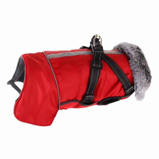 Red Cozy dog jacket with harness, weatherproof pet coat by TrendyPet's Zone, designed for outdoor comfort and protection.