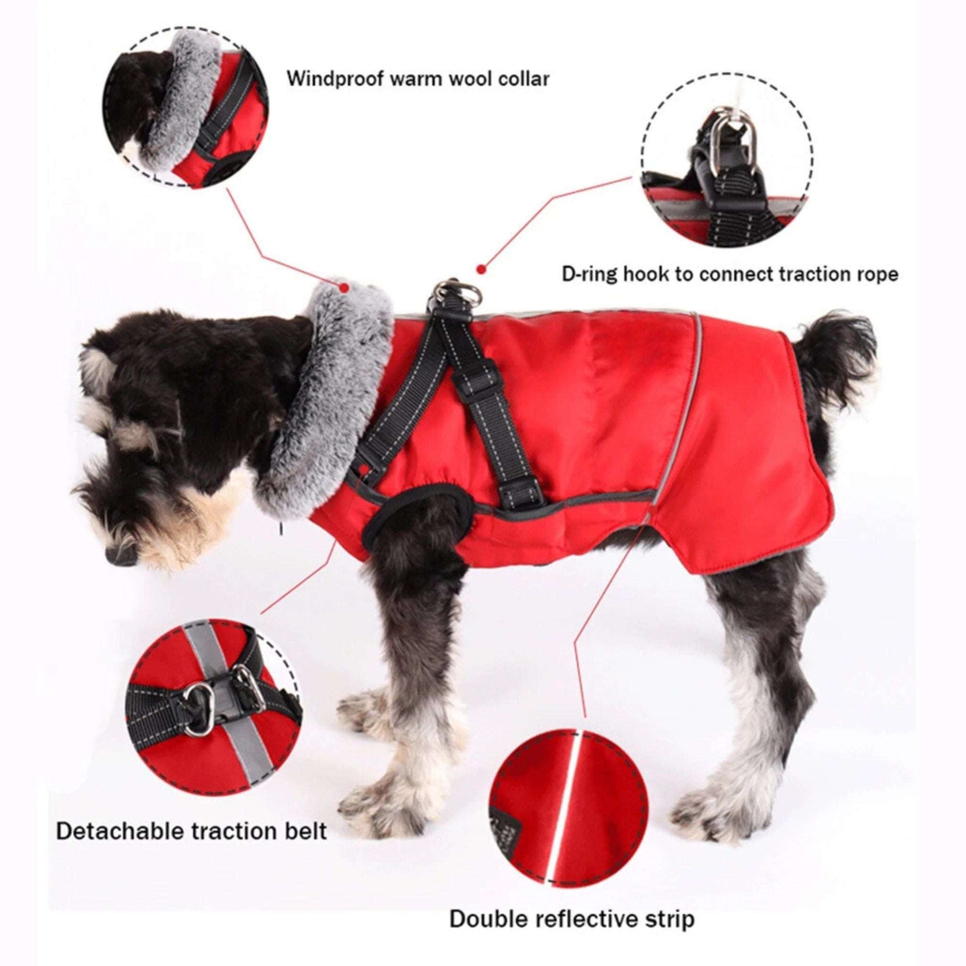 Red Cozy dog coat with harness, weatherproof pet jacket from TrendyPet's Zone, designed for warmth and outdoor protection.