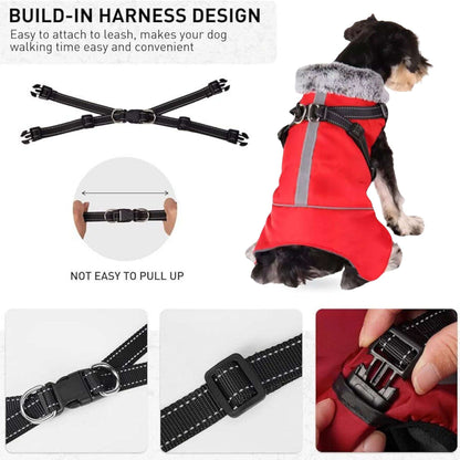 Red Cozy Dog Jacket with harness, weatherproof pet coat by TrendyPet's Zone, designed for outdoor warmth and protection.