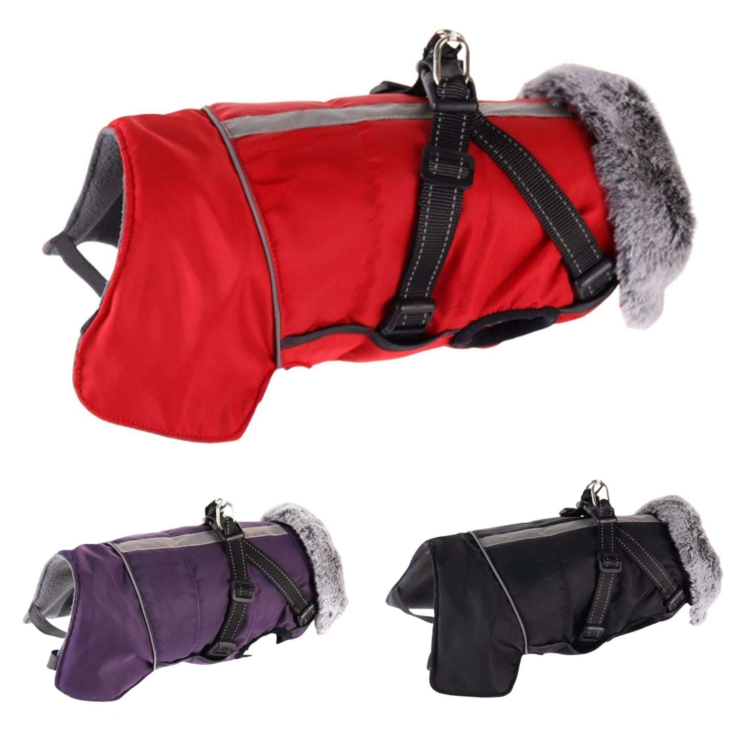 Red cozy dog jacket with harness, weatherproof pet coat from TrendyPet's Zone, designed for outdoor warmth and comfort.