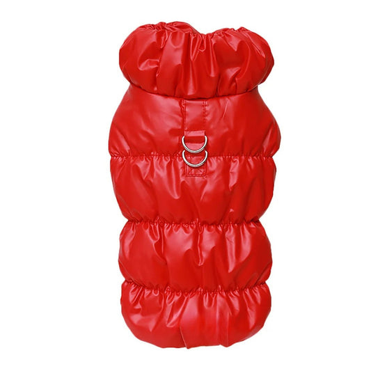 Red quilted dog vest jacket with built-in harness from TrendyPet's Zone, designed for warmth and easy walking.