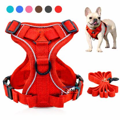 Red dog harness and leash set with reflective breathable vest and adjustable chest strap, designed for safety and comfort.