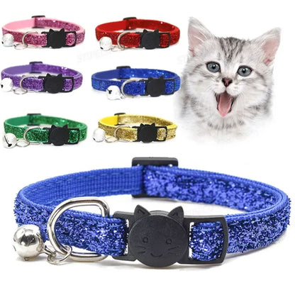 Purple glitter cat collar with bell and cute cat face design, featuring safety buckle for secure pet wear from TrendyPet's Zone.