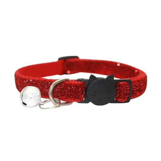 Red glitter cat collar with bell, cute cat face design, safety buckle, by TrendyPet's Zone, for stylish and secure pet safety.