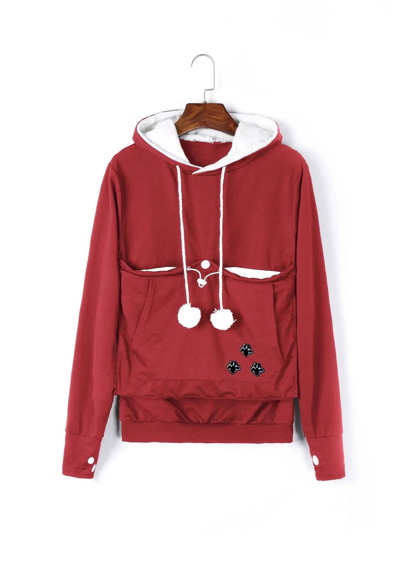 Red Paw Print High Quality Sweatshirt Cat Dog Lovers Hoodies Kangaroo Pet Paw Ears Cuddle Pouch Pullovers - TrendyPet's Zone