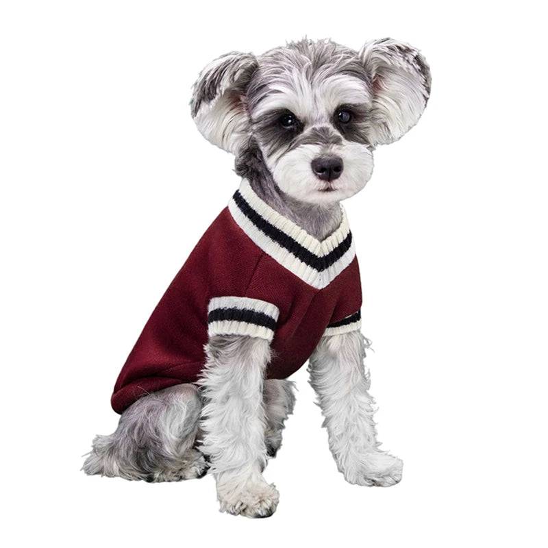 Red Preppy Style V-Neck Dog Sweater Warm Winter Pet Cloth - TrendyPet's Zone