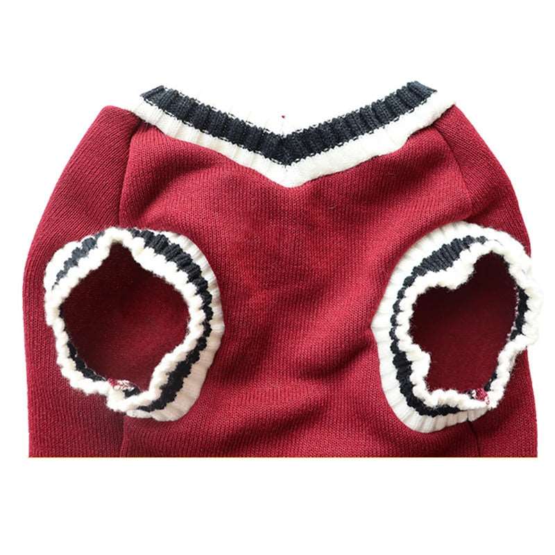 Red Preppy Style V-Neck Dog Sweater Warm Winter Pet Cloth - TrendyPet's Zone