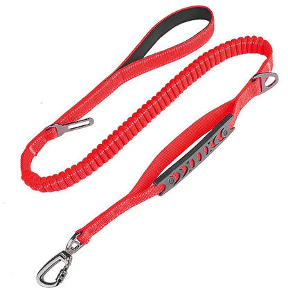 Red reflective shock-absorbing dog leash with car safety buckle from TrendyPet's Zone, designed for secure vehicle travel.