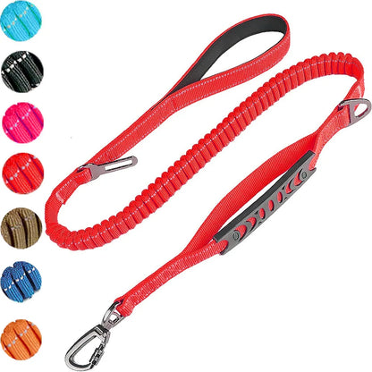Red reflective shock-absorbing dog leash with car safety buckle, designed for secure vehicle travel by TrendyPet's Zone.