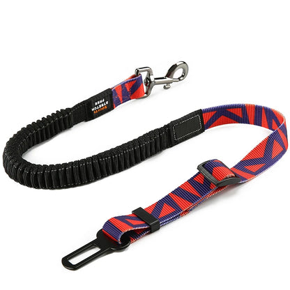 Red and royal blue adjustable dog car seat belt safety leash from TrendyPet's Zone, designed for secure pet travel in vehicles.