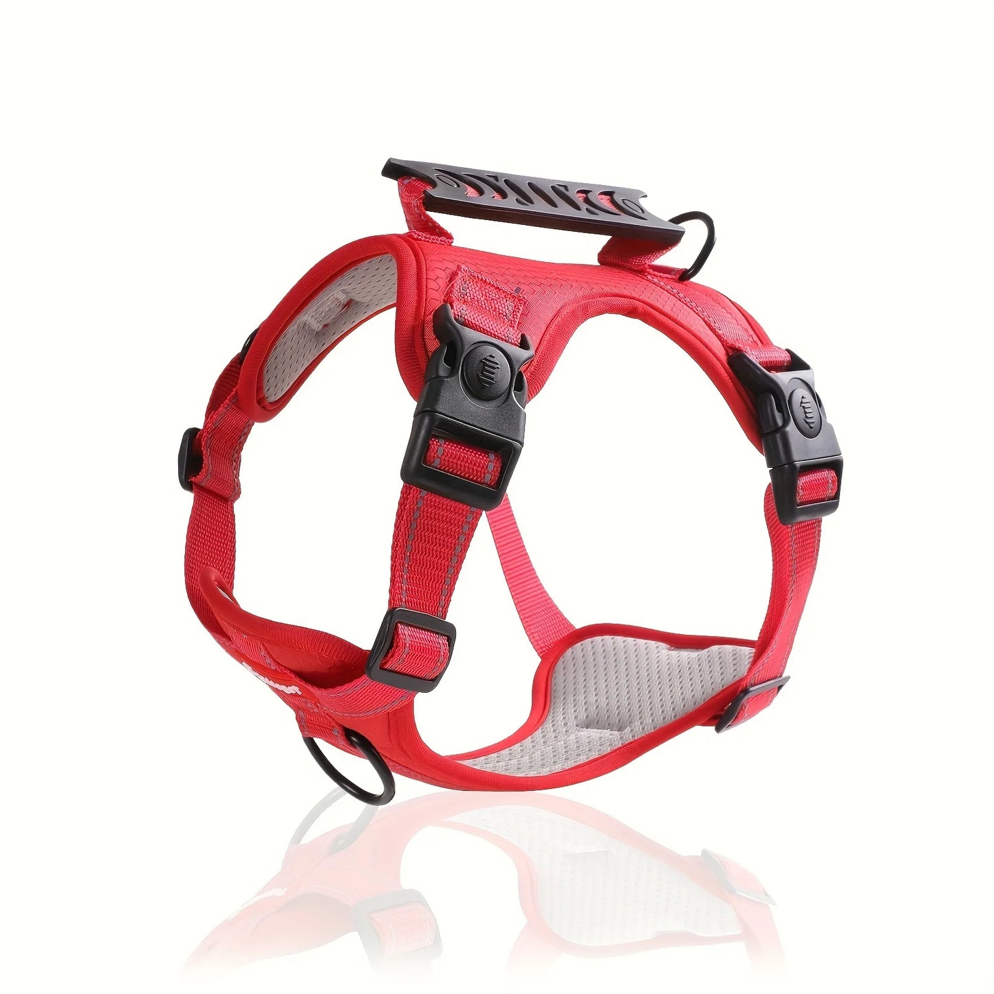 Red soft no-pull dog harness with adjustable straps and easy control handle from TrendyPet's Zone.