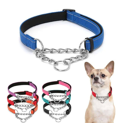 Red Stainless Steel Chain Reflective Nylon Fabric Pet Collars for Small Medium Large Dogs - TrendyPet's Zone