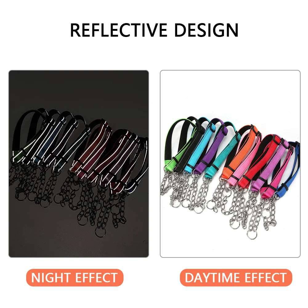 Red Stainless Steel Chain Reflective Nylon Fabric Pet Collars for Small Medium Large Dogs - TrendyPet's Zone