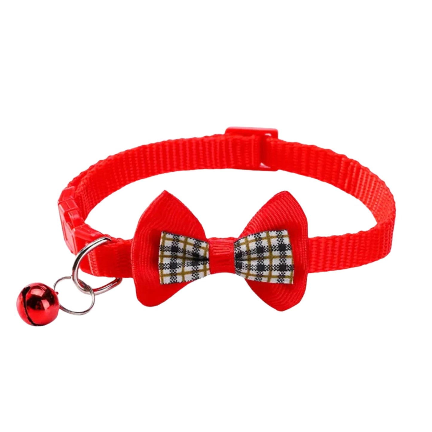 Red adjustable cat collar with bell and bow, stylish and comfortable, from TrendyPet's Zone, designed for a secure fit.