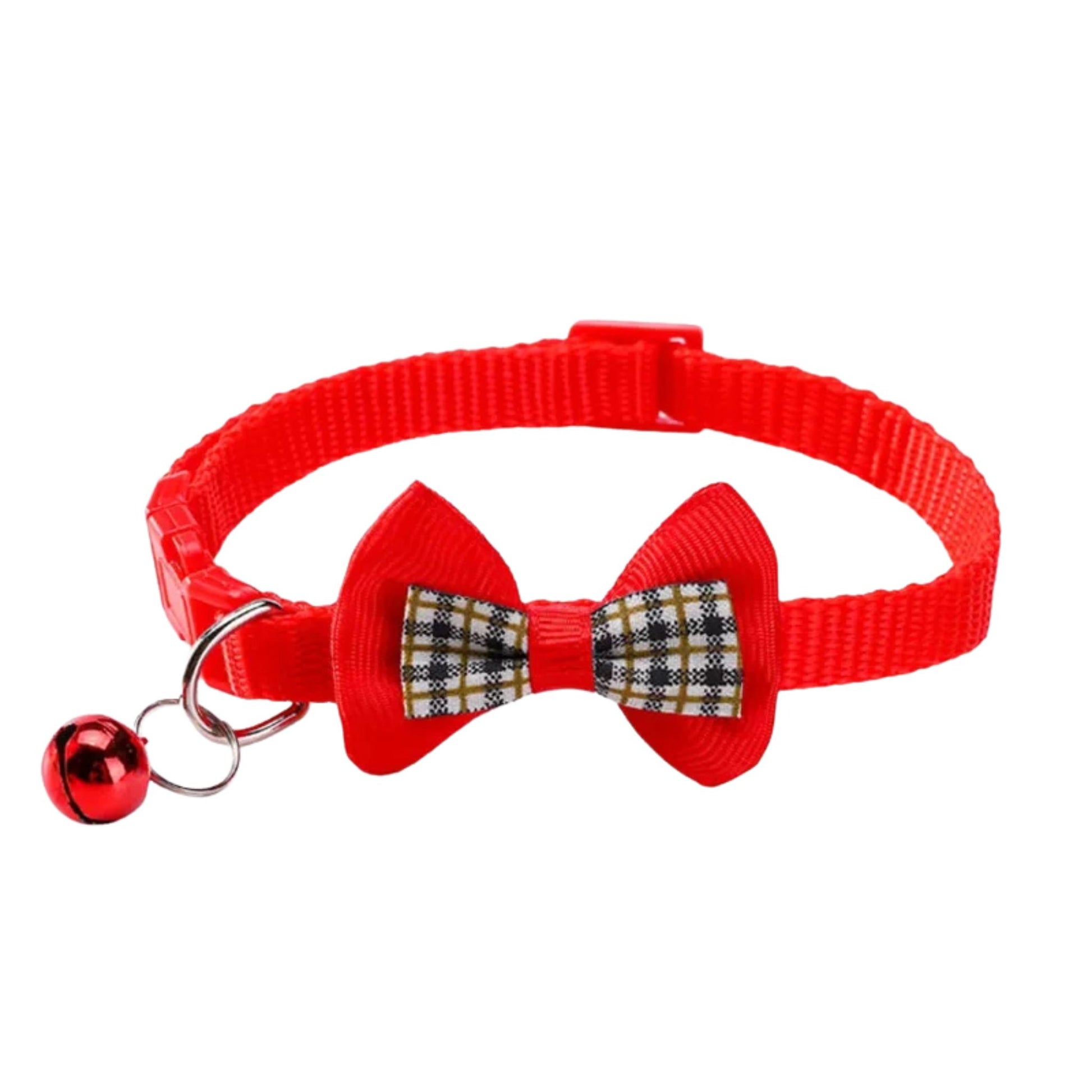 Red adjustable cat collar with bell and bow, stylish and comfortable, from TrendyPet's Zone, designed for a secure fit.
