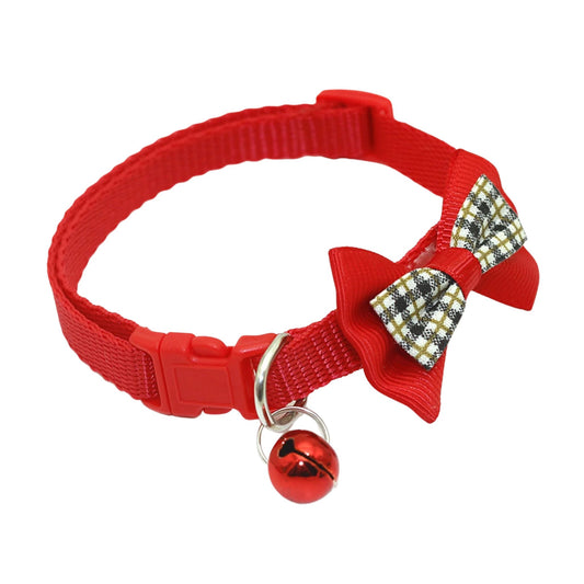 Red adjustable cat collar with bell and bow from TrendyPet's Zone, featuring a stylish and comfortable design for cats.