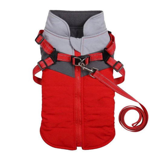 Red Warm Dog Coat Autumn Winter Jacket with Harness Cold Weather Waterproof Clothes Outfit - TrendyPet's Zone
