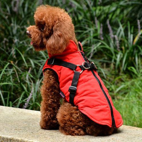 Red waterproof dog vest jacket with built-in harness, designed for winter, by TrendyPet's Zone.