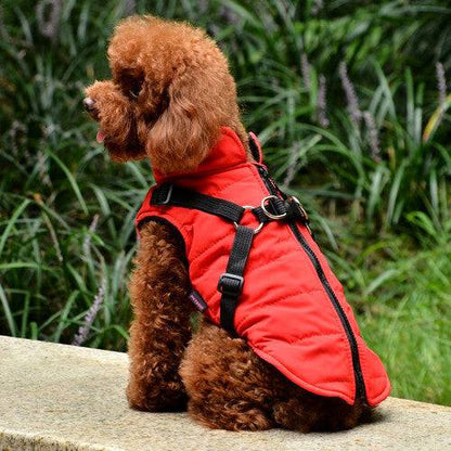 Red waterproof dog vest jacket with built-in harness, designed for winter, by TrendyPet's Zone.