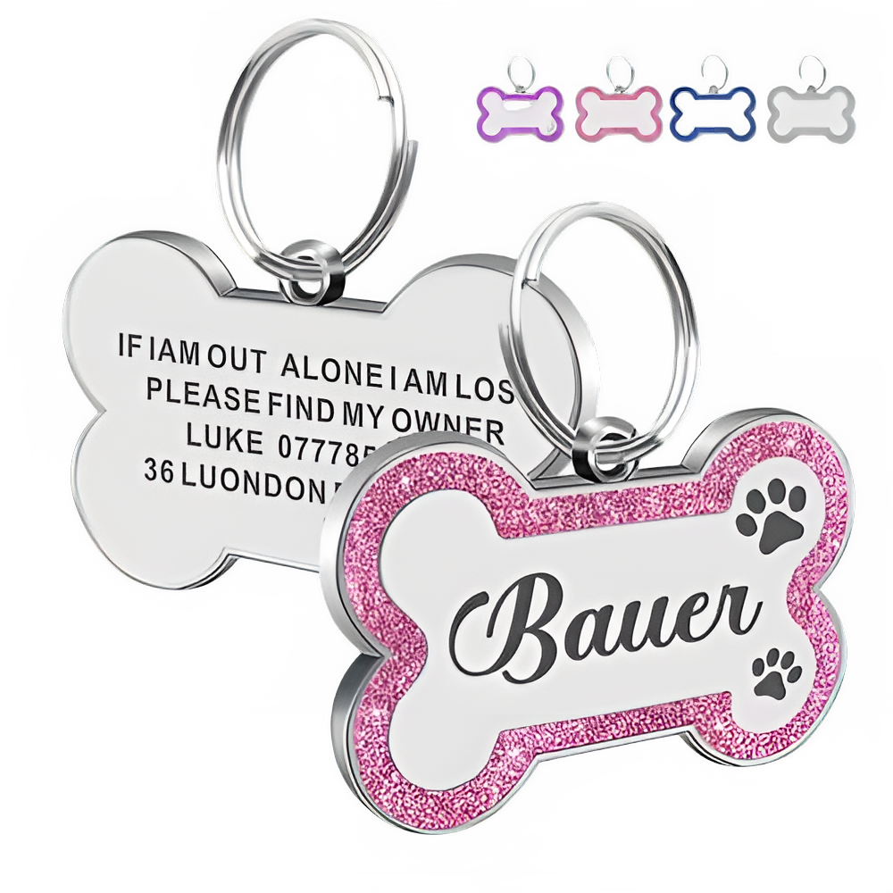 Rose Red Personalized Bone-Shaped Pet ID Tag Double Side – Glitter Enamel Finish Anti-lost Bone Tags TrendyPet's Zone