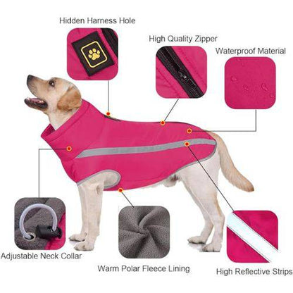 Rose Red Waterproof Dog Clothes for Winter Warm Big Jackets Padded Fleece Pet Coat Safety Reflective Design - TrendyPet's Zone