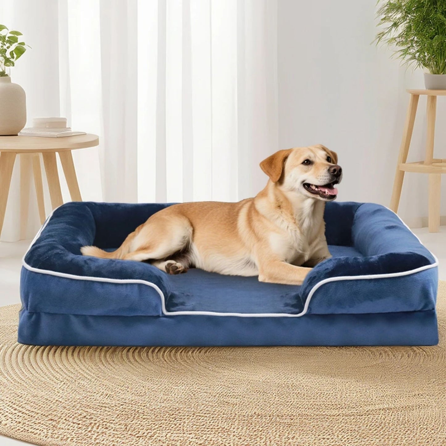 Royal blue orthopedic dog bed by TrendyPet's Zone, washable foam pet sofa with removable cover, ideal for all seasons.