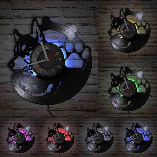 Silent Wall Clock Vinyl Record (LED) Non Ticking Paw Pet Vintage Art Decor Dog Breed Siberian Husky Dog Owner Gift Idea TRENDYPET'S ZONE