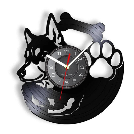 Silent Wall Clock Vinyl Record (WITHOUT LED) Non Ticking Paw Pet Vintage Art Decor Dog Breed Siberian Husky Dog Owner Gift Idea TRENDYPET'S ZONE