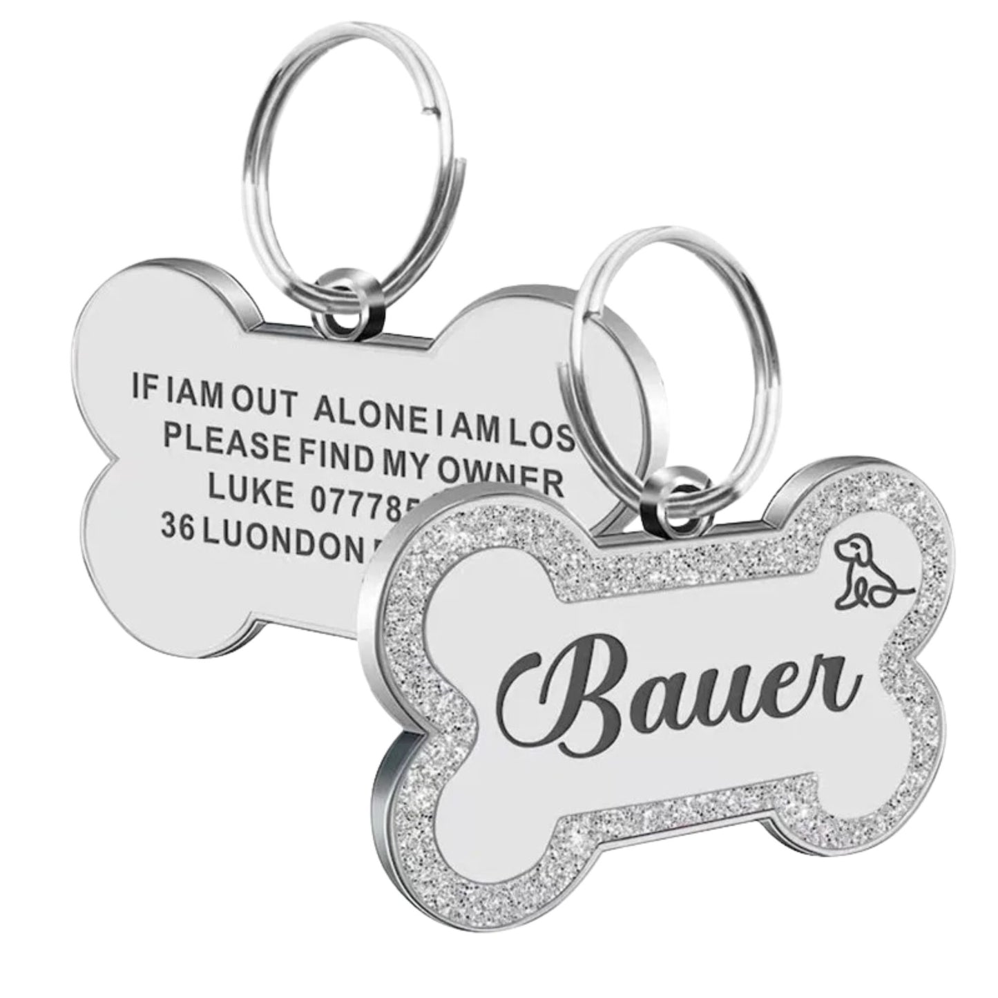 Silver Personalized Bone-Shaped Pet ID Tag Double Side – Glitter Enamel Finish Anti-lost Bone Tags TrendyPet's Zone