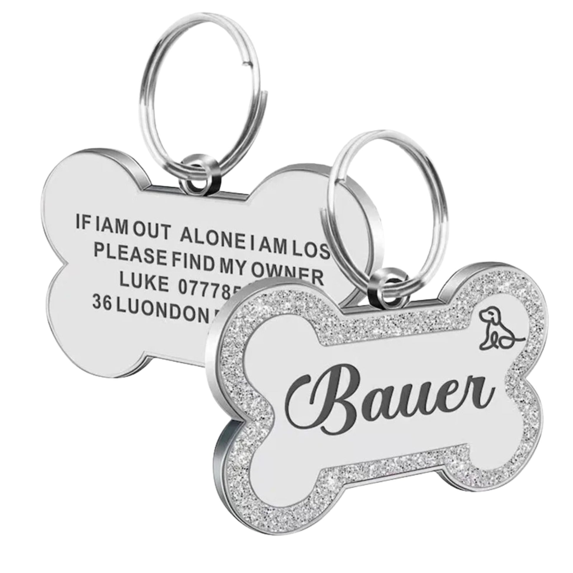 Silver Personalized Bone-Shaped Pet ID Tag Double Side – Glitter Enamel Finish Anti-lost Bone Tags TrendyPet's Zone