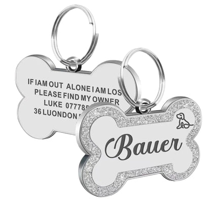 Silver Personalized Bone-Shaped Pet ID Tag Double Side – Glitter Enamel Finish Anti-lost Bone Tags TrendyPet's Zone