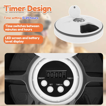 Six-grid stainless steel automatic pet feeder with LCD display, voice recording, and smart food dispenser from TrendyPet's Zone.