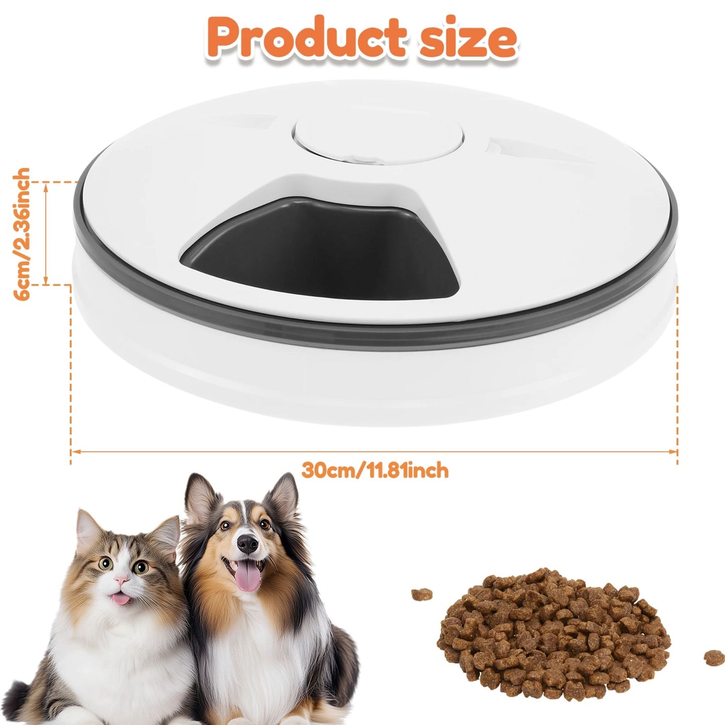 Stainless steel six-grid automatic pet food dispenser with LCD display and voice recording feature by TrendyPet's Zone.